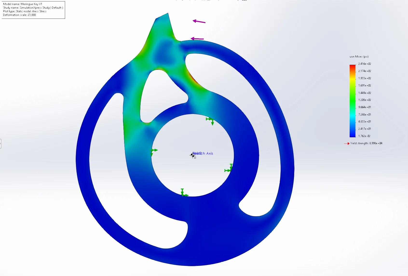 Meringue&#x27;s weapon in FEA analysis, visualizing how a force on the weapon&#x27;s tooth creates stress points in the geometry